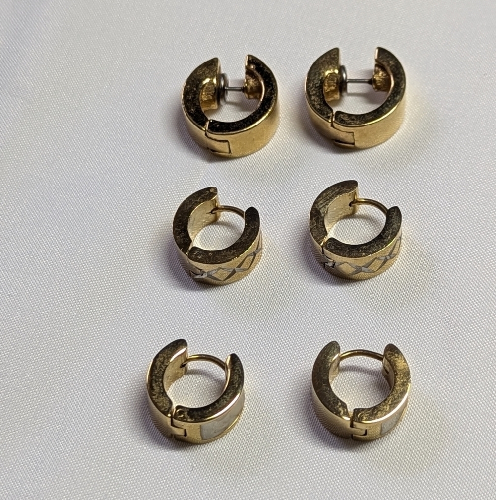 Set Of (3) Huggie Goldtone Hoop Earrings - Picture 2 of 9